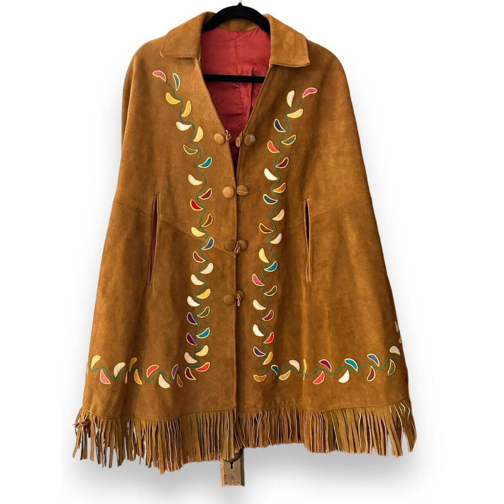 Vintage Leather Fringe Embroidered Cape Western Indian One Size Large